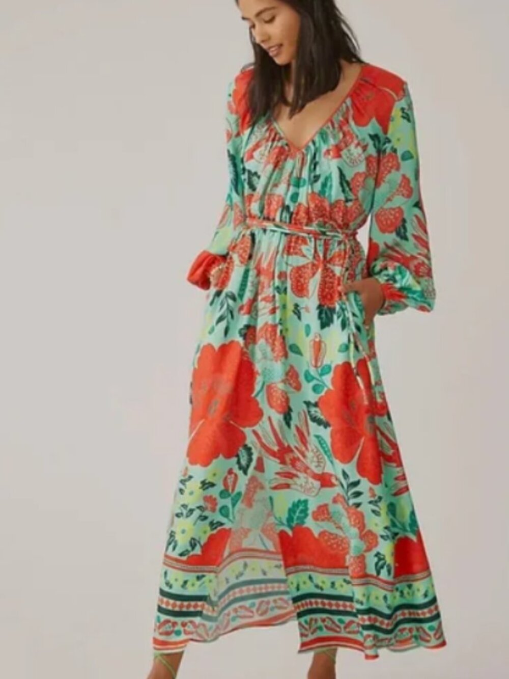 Farm Rio x Anthropologie Poppy Print Maxi Dress Size Medium Tropical